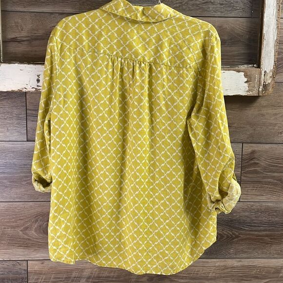 CHARTER CLUB Blouse XLarge Linen Geometric RollTab Sleeve Woven Top Shirt Yellow - Picture 8 of 8